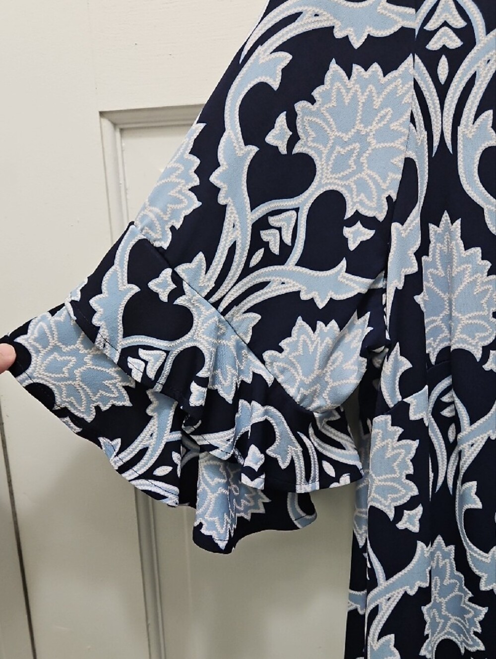 Ronni Nicole Navy and Light Blue Patterned Ruffle Sleeve Dress - Picture 6 of 6
